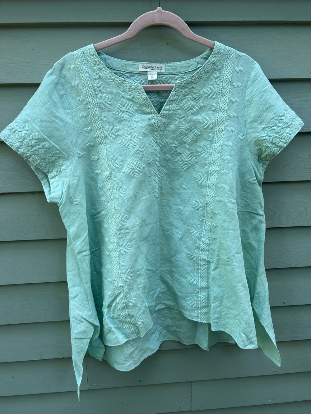 Coldwater Creek Mint Green Embroidered Linen Tunic